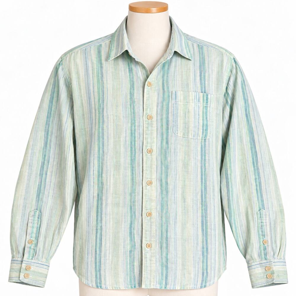 Tommy Bahama Linen Stripe Button Down Shirt Men's XL Green Blue